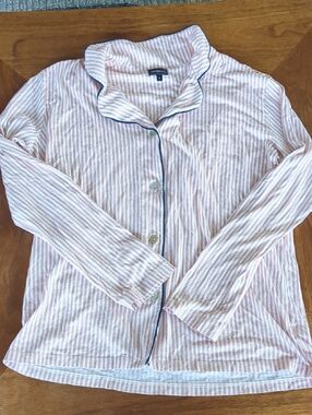 Cosabella Pink and White Striped Pajama Top with Navy Piping